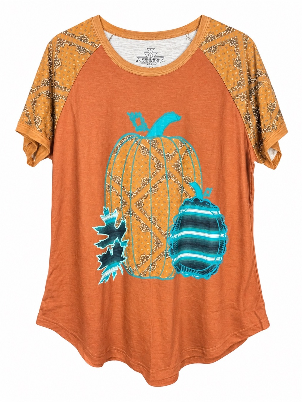 Crazy Train Rust Orange Short Sleeve Pumpkin Graphic Tee with Teal Accents